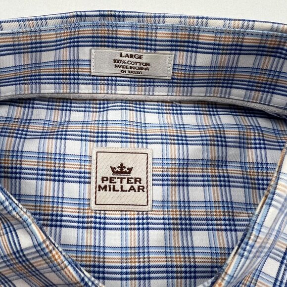Peter Millar Mens Shirt Large Blue and White Plaid 100% Cotton Button-Down - Picture 6 of 10